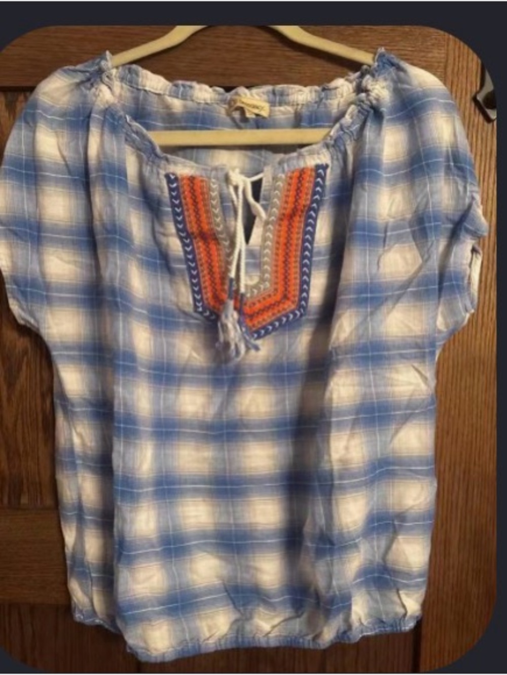 Democracy Embroidered Blue Plaid Peasant Top - Women